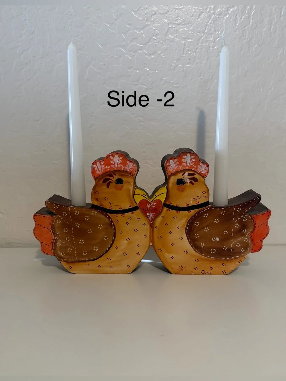 Vintage Hand Painted On Both Side Hen Chicken Candleholder Cottagecore 12X7”